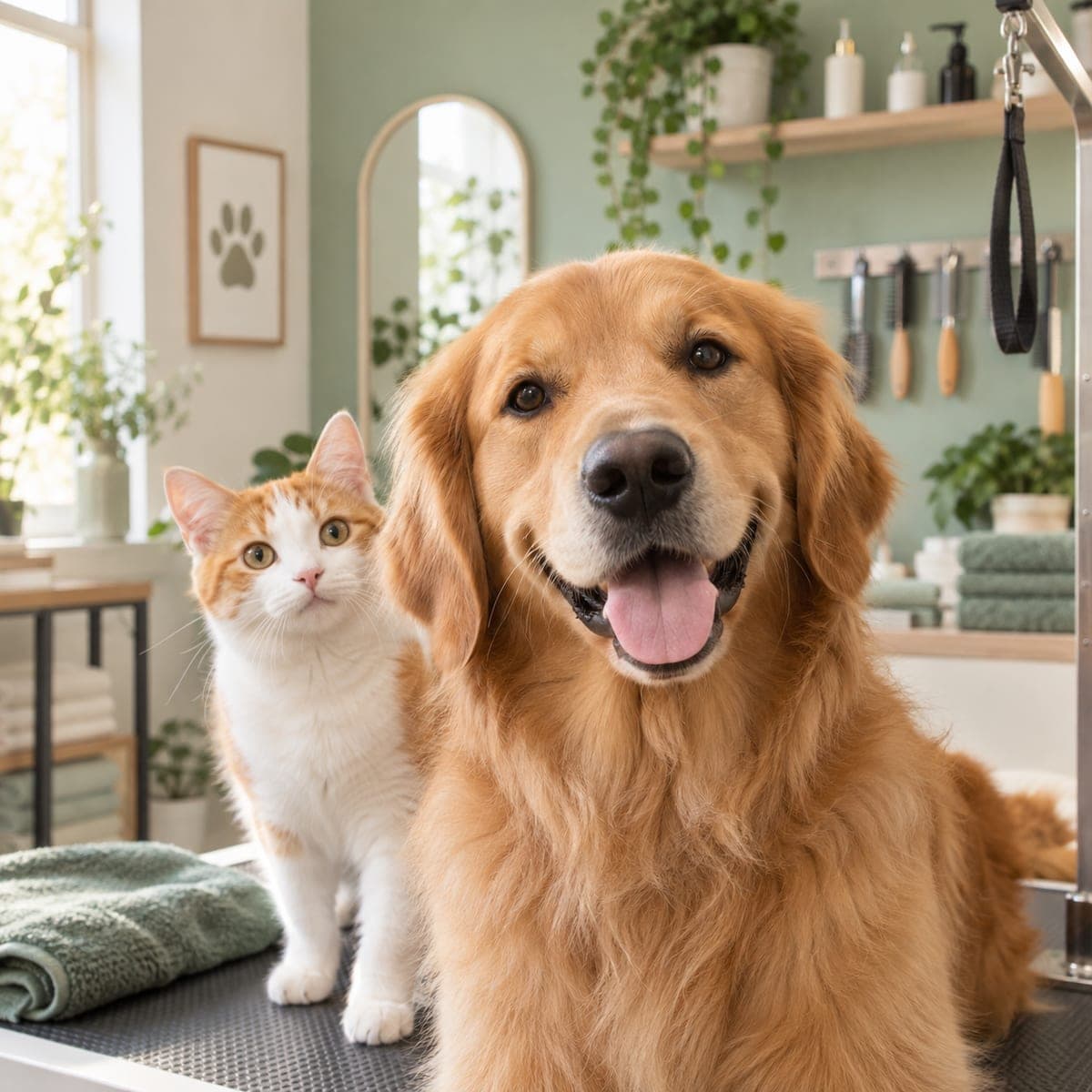 A happy dog and cat in a welcoming grooming studio